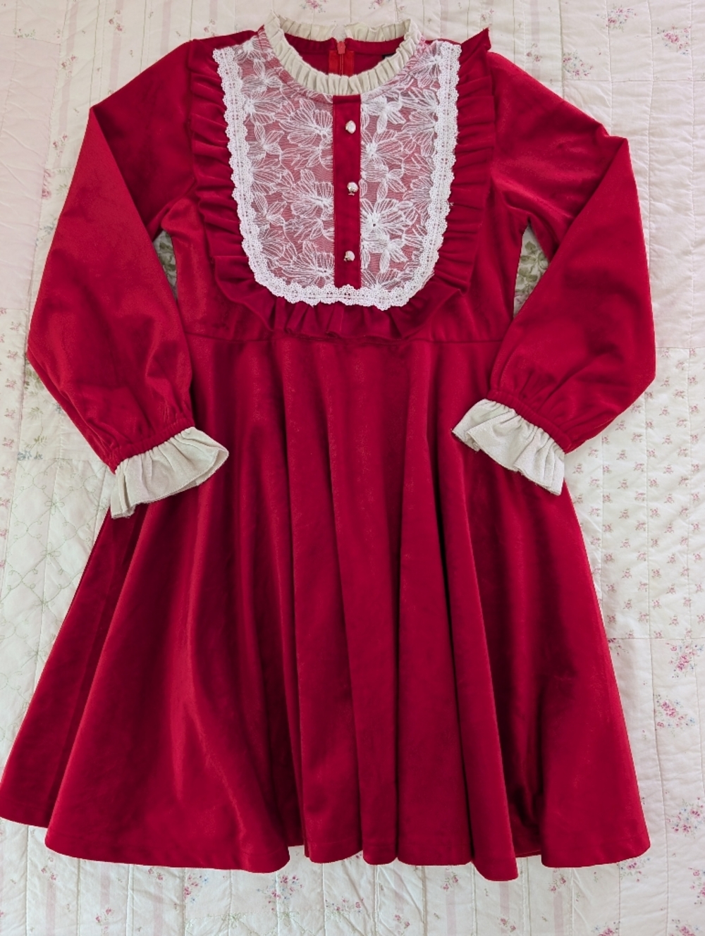Red Velvet Dress with Lace Bib Detail